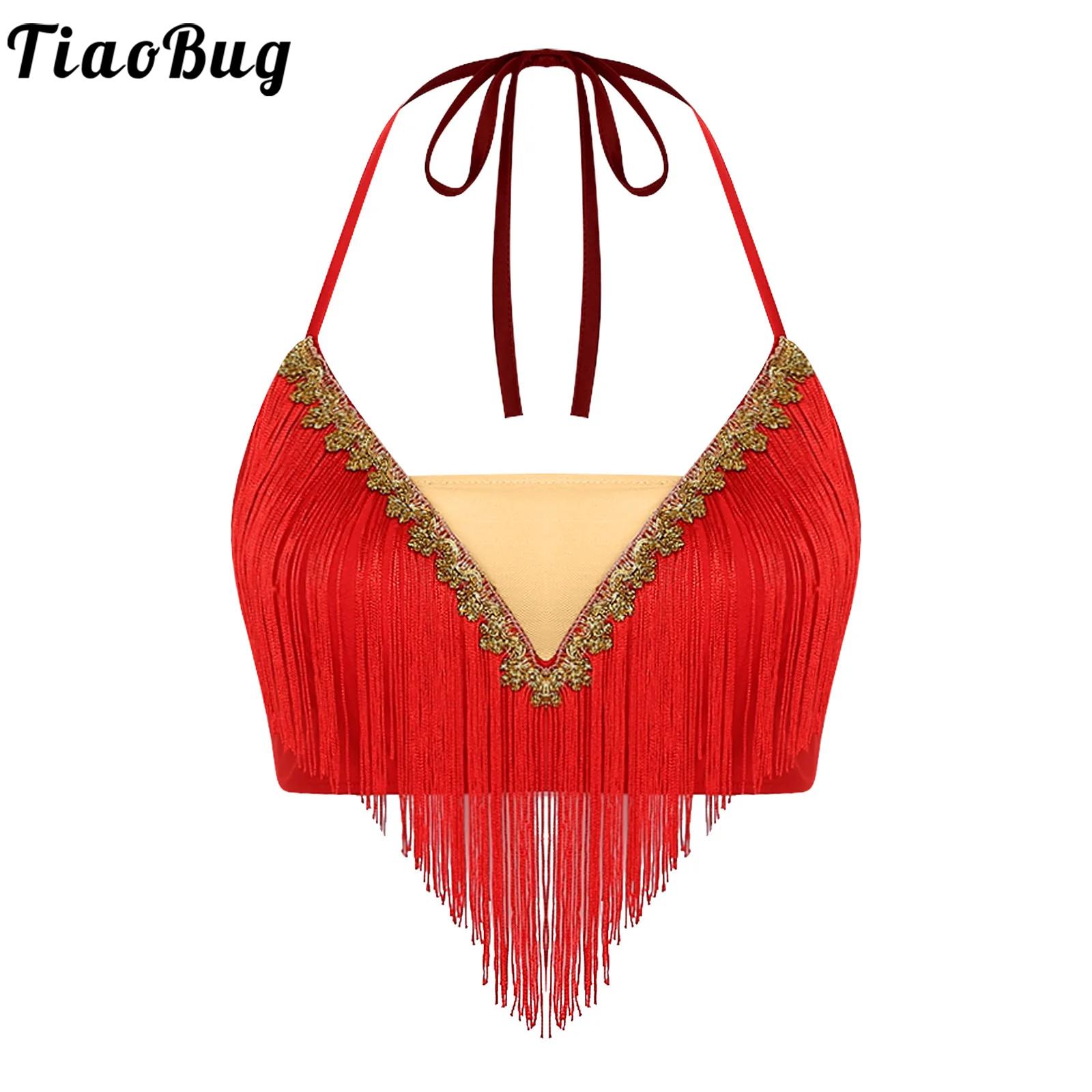 Tassel Fringe Trim - 여성 레이스업 태슬 벨리댄스 크롭탑 베스트