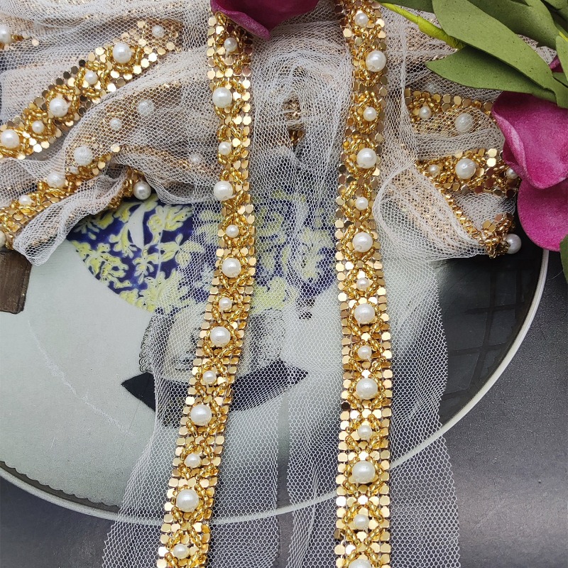 새로운 수제 금색 비즈 레이스 트림 진주 스팽글 DIY - Lace Ribbon Trim 리뷰 및 가격